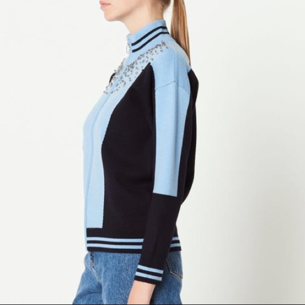 SANDRO Blue Embellished Zip Up Jacket - Picture 3 of 8